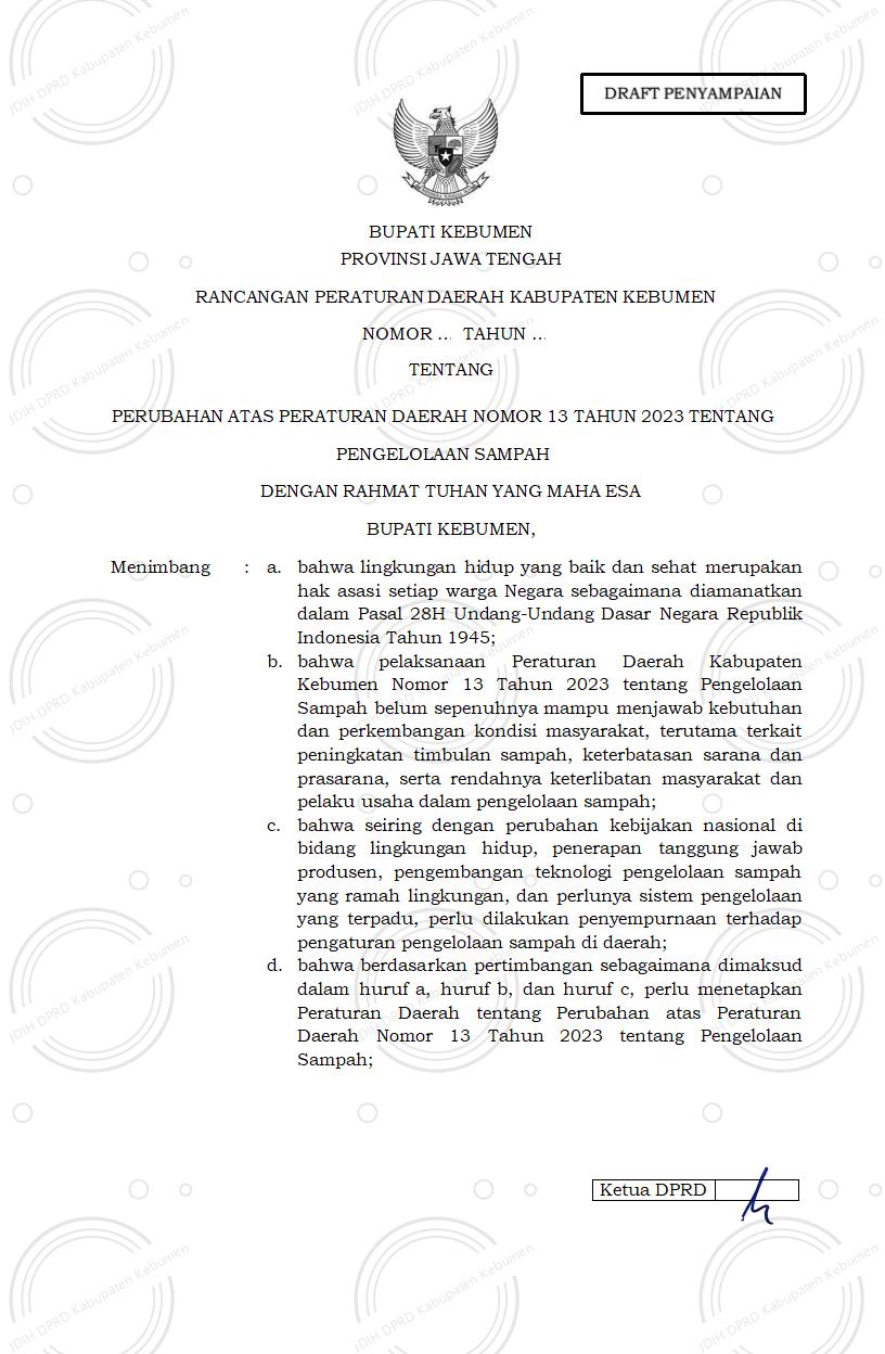 Raperda tentang Perubahan atas Peraturan Daerah Nomor 13 Tahun 2023 tentang Pengelolaan Sampah